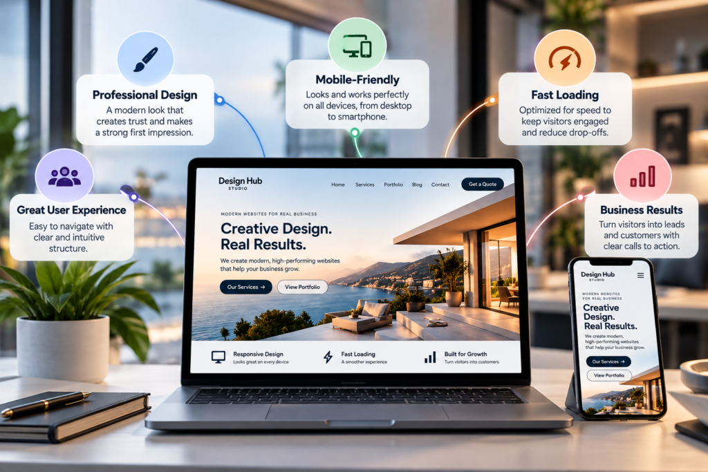 Modern web design agency portfolio displayed on a desktop monitor, tablet, and smartphone layout.