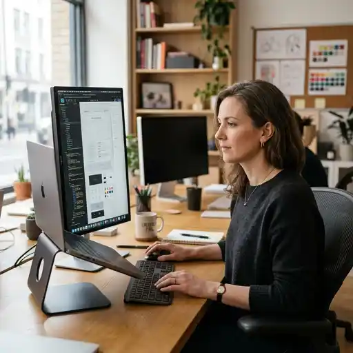 Woman web designer is working on new food-delivery website